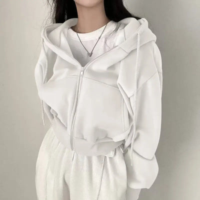 Autumn Winter Hooded Hoodies Women Casual Streetwear Zip Up Sweatshirts Long Sleeve Jackets Harajuku Y2K Crop Tops Hood Shirt - Smarsty