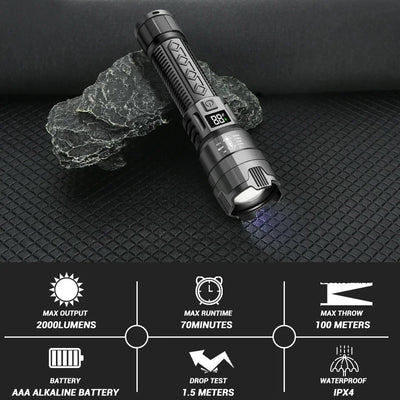 High Strong Power Led Flashlights 2000LM Tactical Torch with Display Light Rechargeable Camping Fishing Emergency Zoom Lantern - Smarsty