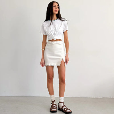 Linad Elegant Satin Embroidery Pencil Skirts Summer Sexy High Waist Split Mini Skirts For Women Fashion Slim Skirt Female 2025 - Smarsty