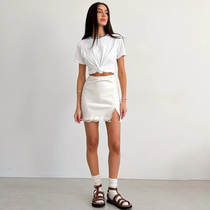 Linad Elegant Satin Embroidery Pencil Skirts Summer Sexy High Waist Split Mini Skirts For Women Fashion Slim Skirt Female 2025 - Smarsty