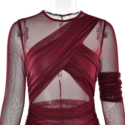 Mozision Mesh Ruched Sexy Maxi Dress For Women Fashion Zipper Patchwork See Through Long Sleeve Elegant Club Party Long Dress - Smarsty