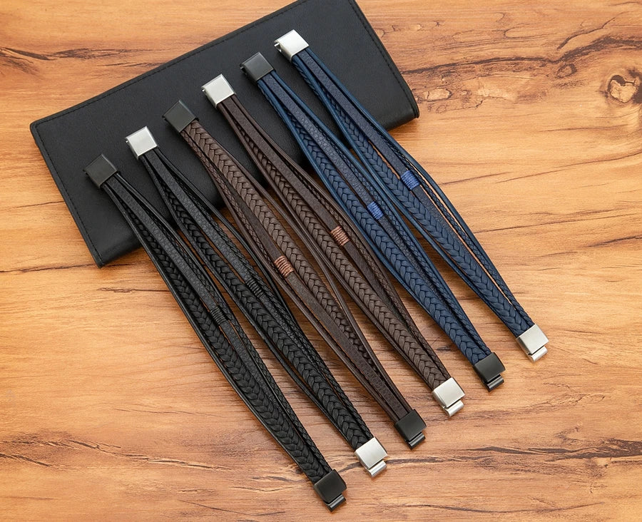Mens Leather Bracelet Magnetic Buckle Multilayer Bangles - Smarsty