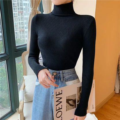 2025 Autumn Winter Women Long Sleeve Knitted Foldover Turtleneck Ribbed Pull Sweater Soft Warm Femme Jumper Pullover Clothes - Smarsty