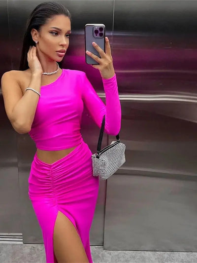 CNYISHE One Shoulder Cut Out Split Ruched Maxi Dress for Women Elegant Party Prom Gown Dresses Woman Sexy Birthday Outfits Robes - Smarsty