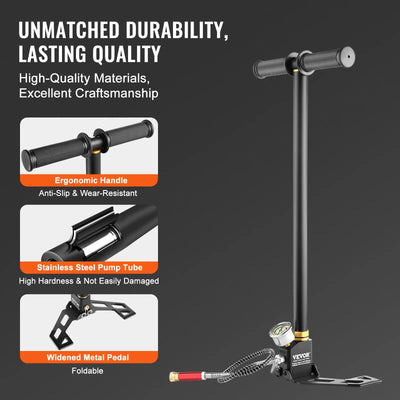 VEVOR 3 Stage PCP Pump 30MPa 4500PSI W/ Pressure Gauge Air Hand Stirrup Pump for Pistols, Rifles, Air Guns, Car Bicycle Hunting - Smarsty