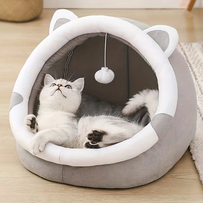 1 Comfortable Cartoon Cat House with Removable Pad, Modern Style Pet Bed Cave, Indoor Plush House Bed with Pompom