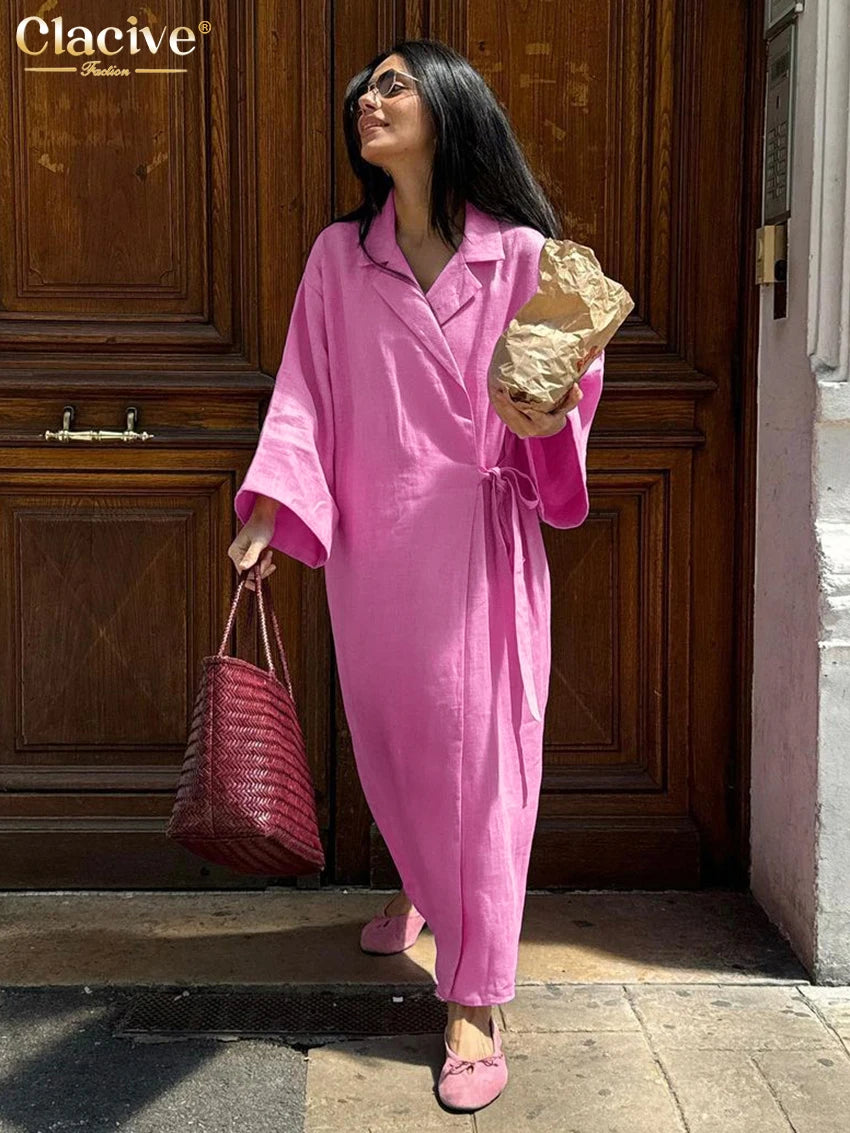 Clacive Casual Loose Pink Cotton Dress Ladies Fashion Lapel Long Sleeve Ankle Length Dress Elegant Lace-Up Dresses For Women - Smarsty