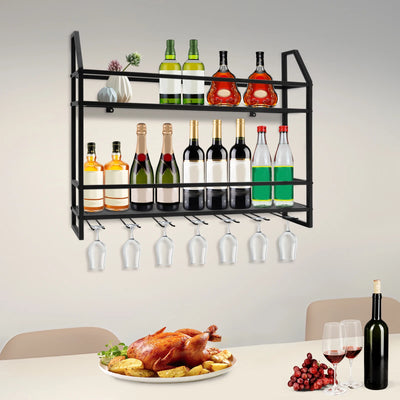 Wall Mounted Wine Rack Glass Holder 12 Bottles 7 Goblet Metal Shelf 2 Layer for Home Bar, 80cm Black - Smarsty