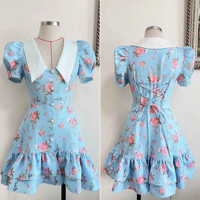 Tornova Print Puff Sleeves Ruffled Dress Women's V-Neck High Waist Pearl Buttons Mini Dress Female Casual Vacation Fashion Dress - Smarsty