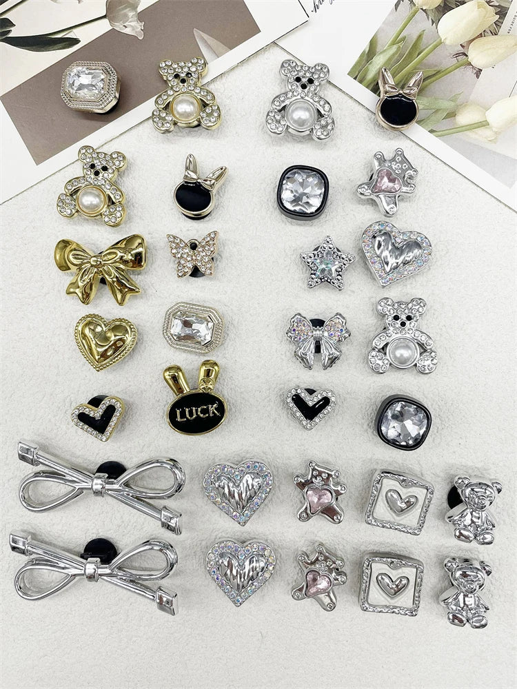 10PCS Shoe Charms ABS Bow Decorations For Sandals Luxury Rhinestone Bear Design Accessories 2024 Women Diy Bling Clog Ornaments