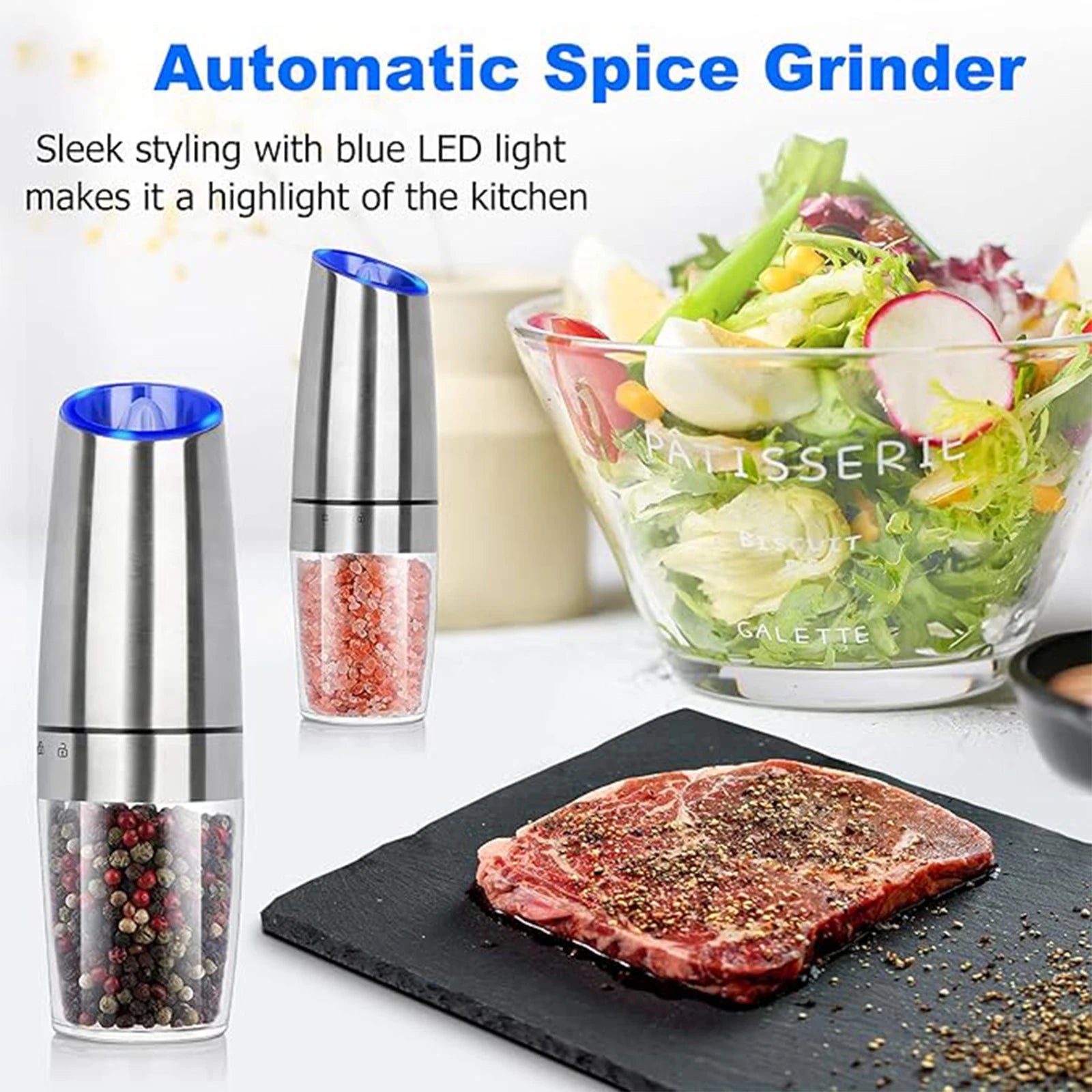 1pc/2pcs, Gravity Electric Salt And Pepper Grinder - Salt & Pepper Mill Sets With LED Light, One Hand Automatic Operation, Adjus - Smarsty