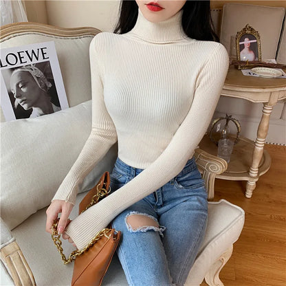 2025 Autumn Winter Women Long Sleeve Knitted Foldover Turtleneck Ribbed Pull Sweater Soft Warm Femme Jumper Pullover Clothes - Smarsty