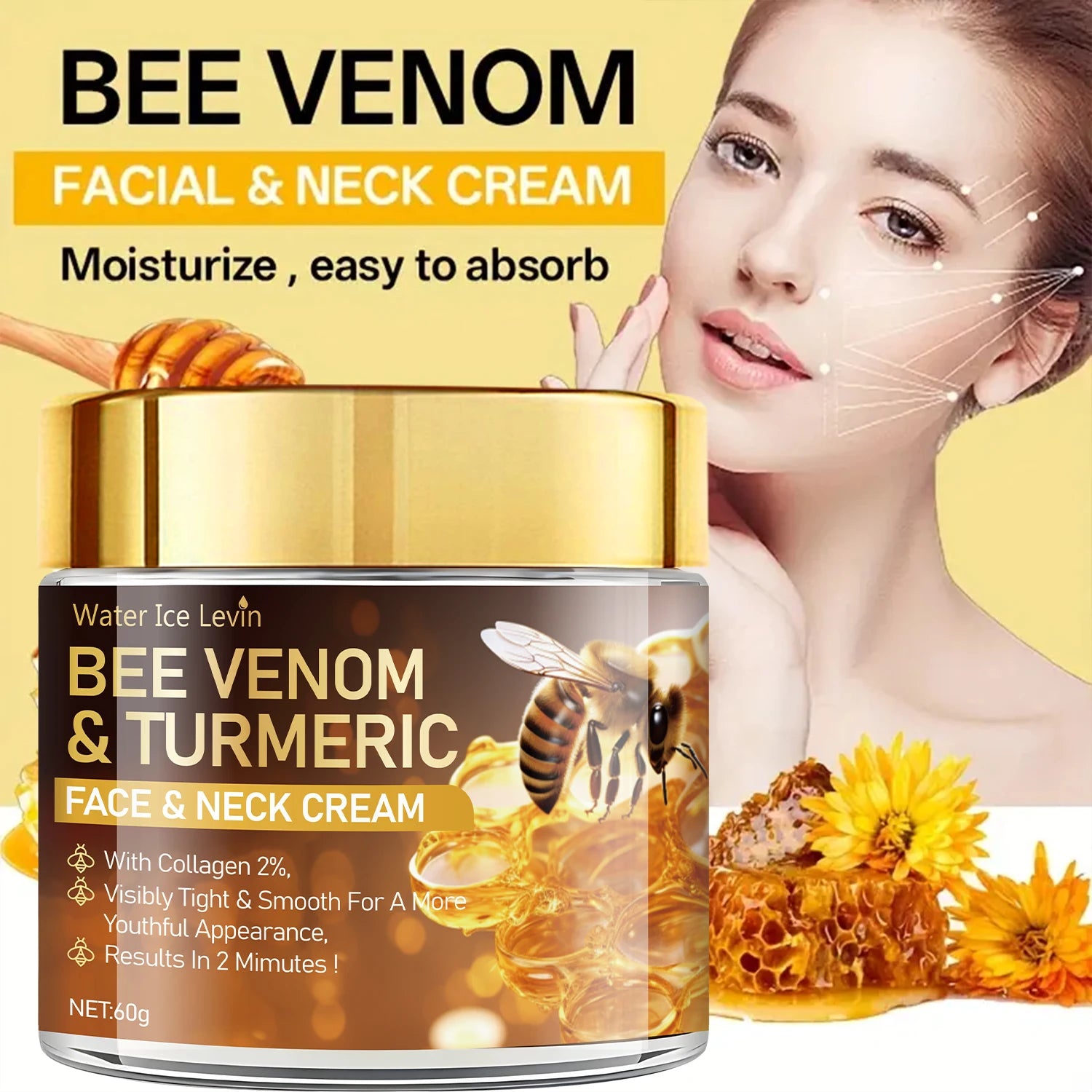 Bee Venom Instant Facial Lifting Cream Firms and Lifts Loose Skin, Smoothes Skin |   Alcohol-Free, Containing Hyaluronic Acid, Suitable for All Skin Types - Smarsty