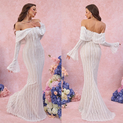 Suninheart White Off The Shoulder Autumn Bodycon Dress 2025 Long Sleeve Elegant Lace Maxi Dress Wedding Guest Dress for Women - Smarsty