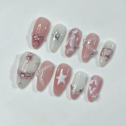 Colorful Press On Almond Nails Set with Pearl Flowers - Smarsty