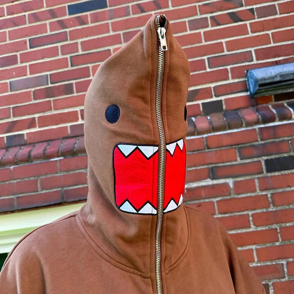 Domo kun Unisex Embroidered Jacket Long Sleeve Zipper Hooded Sweatshirt for Autumn Winter Cardigan