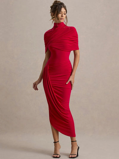 Mozision Half Sleeve Backless Ruched Sexy Maxi Dress Women Summer New Turtleneck Slim High Waist Evening Club Party Long Dress - Smarsty