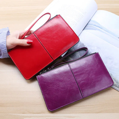 Women's Vintage Oil Wax PU Leather Clutch Wallet Female Large Capacity Phone Purse Ladies Wristband Simple Card Holder Pouch Bag - Smarsty