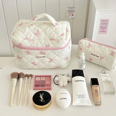 Cute Bow Flower Quilted Cotton Makeup Bag With Zipper - Smarsty