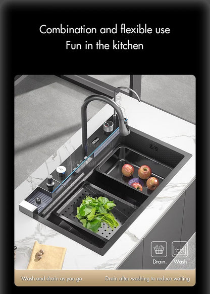 Large Stainless Steel Kitchen Sink with Digital Faucet Display - Smarsty