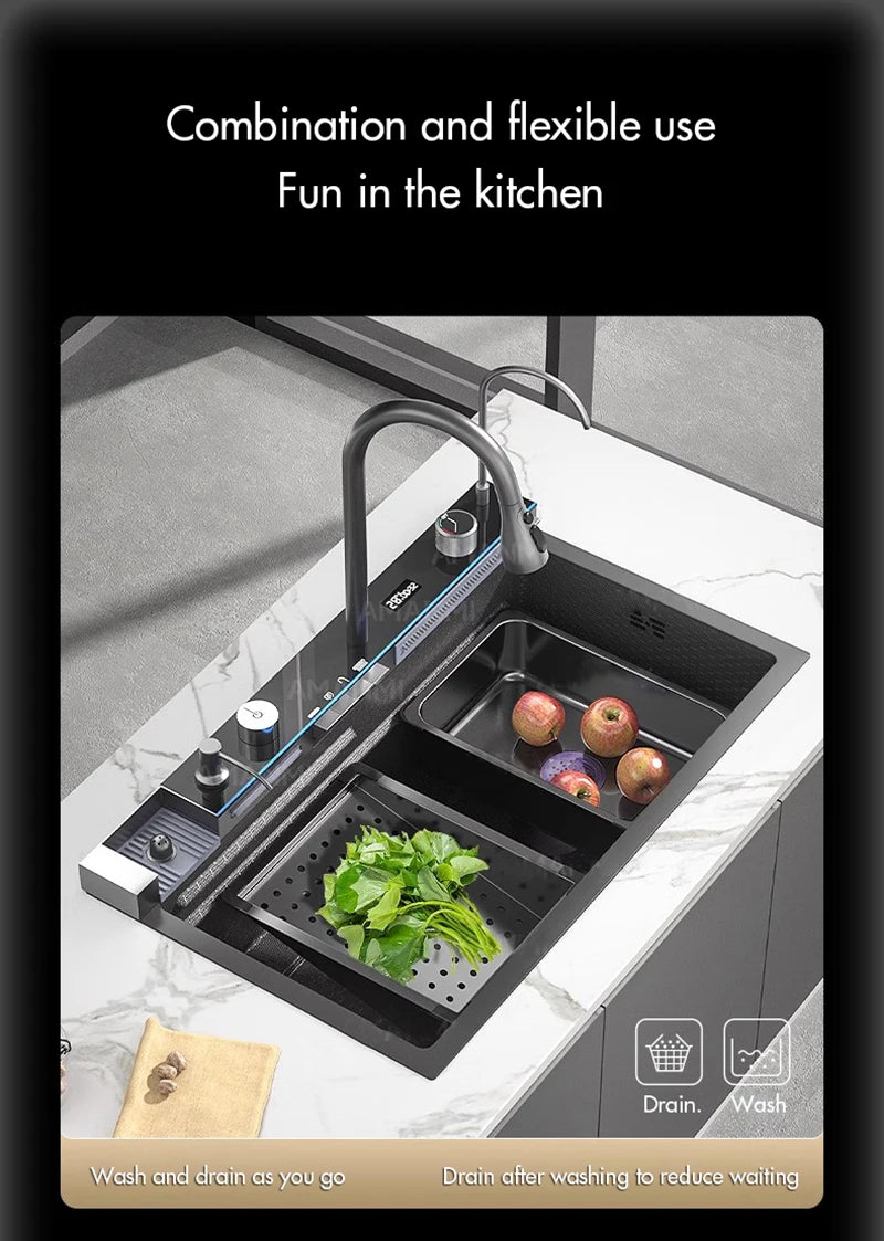 Large Stainless Steel Kitchen Sink with Digital Faucet Display - Smarsty
