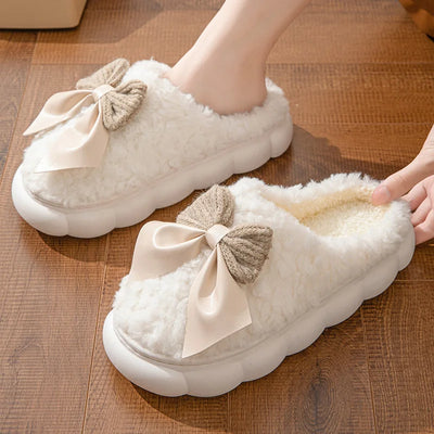 Winter Warm Fur Slippers for Women Cute bow House Non Slip Soft Shoes Comfort Flat Heel Home Indoor Bedroom Plush Slippers - Smarsty
