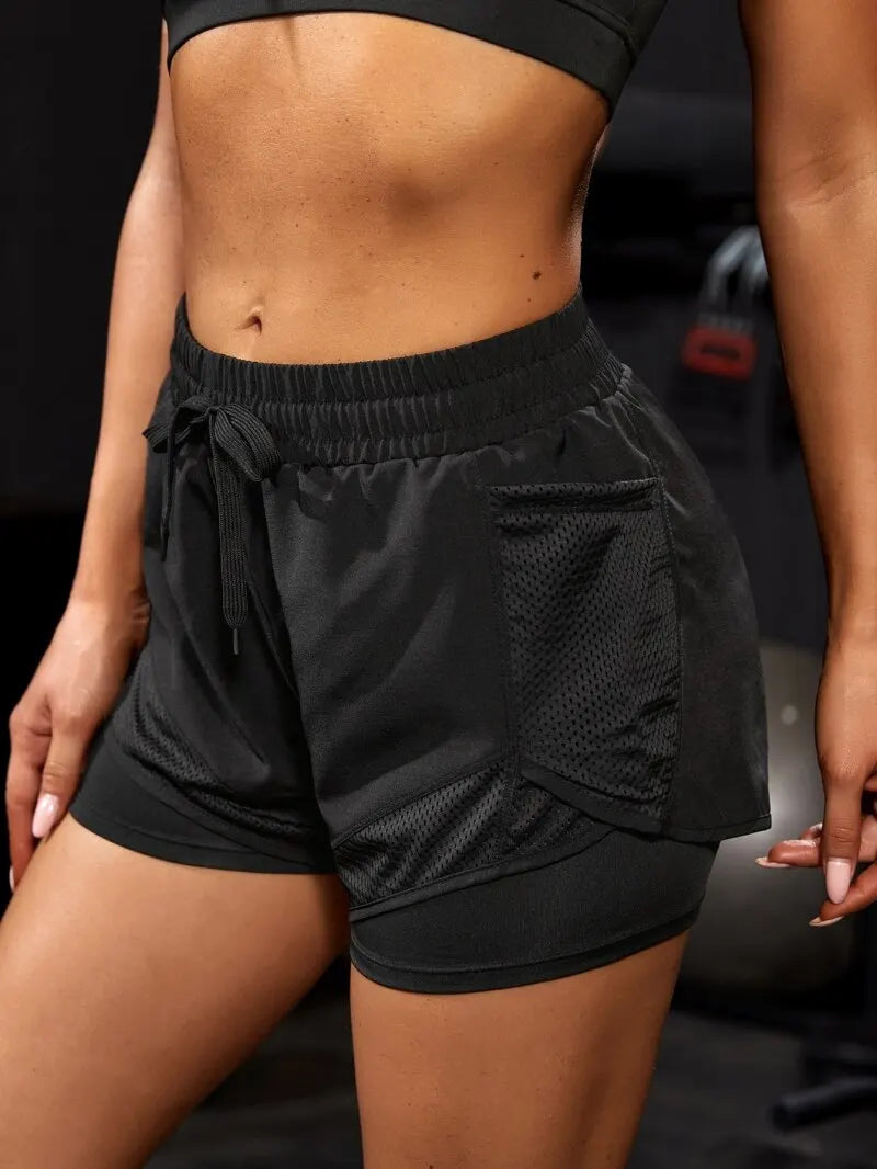 Women's Elastic Sports Shorts, Shorts With Pockets, Fake Two-Piece Yoga Leggings Running And Training - Smarsty