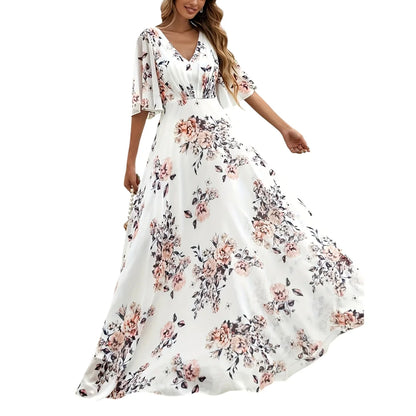 Wefads Women Long Dress Summer Casual Sexy V-Neck Lotus Leaf Sleeves Printed Beach Holiday Dresses - Smarsty