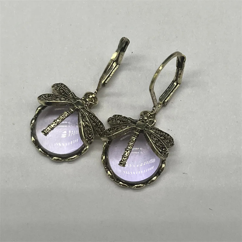 Vintage Bronze Dragonfly Drop Earrings with Moonstone Accent - Smarsty