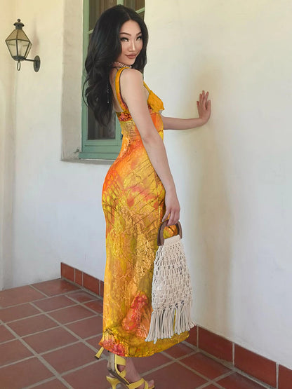 Dulzura Lace Print Cut Out Maxi Dress Bodycon Sexy Party Club Y2K Outfits Streetwear Bandage Dress Vestido Classic Prom