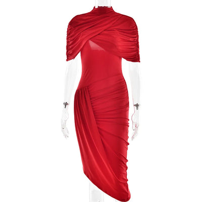 Mozision Half Sleeve Backless Ruched Sexy Maxi Dress Women Summer New Turtleneck Slim High Waist Evening Club Party Long Dress - Smarsty