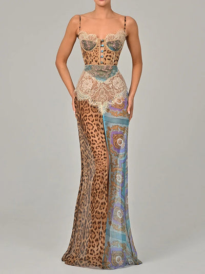 Mozision Leopard Print Lace Split Sexy Maxi Dress Women Gown Elegant Patchwork Chiffon Sleeveless Backless Beach Evening Dress - Smarsty