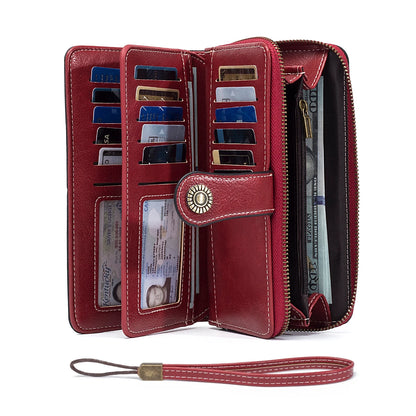 Rfid Anti-Theft Wallet for Men and Women, European and American Retro Leather Long Wallet Clutch, Oil Wax Leather Cut Out Multi-Card Slot Wallet, Large Capacity Zipper 70% off Clutch Bag, Card Holder Coin Purse Hand Bag - Smarsty