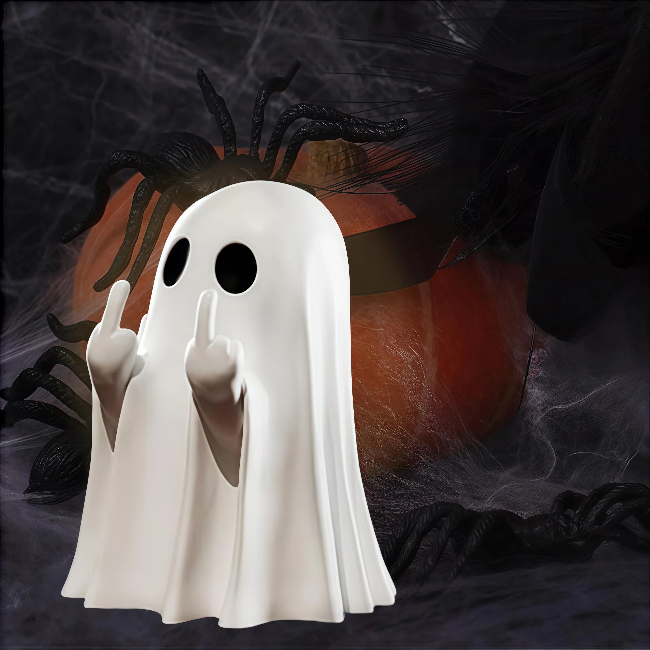 Cute Middle Finger Ghost Statue, Small Halloween Decor for Home, Centerpiece for Coffee Table, Adorable Horror Figure - Smarsty