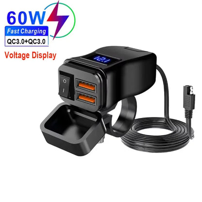 PD QC3.0 Motorcycle USB Fast Charger 60W Handlebar Dual USB Socket with Switch Voltmeter Waterproof 12V Power Supply Adapter - Smarsty