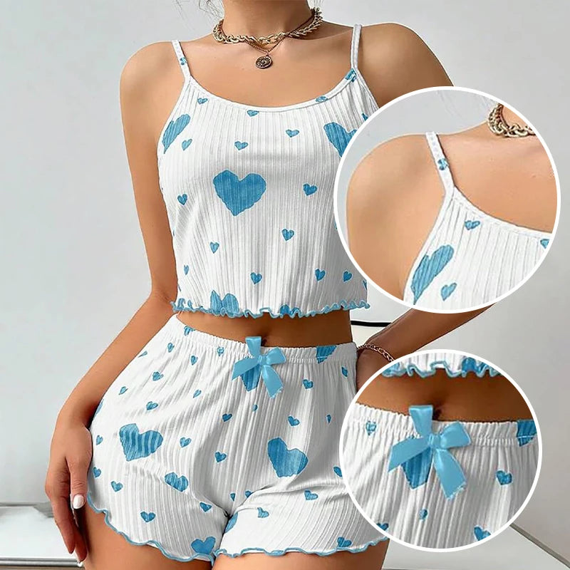 Women's Pajamas Set Sleepwear 2 PCS Short Tank Tops And Shorts S M L White Ventilate Soft Casual Love Printing - Smarsty