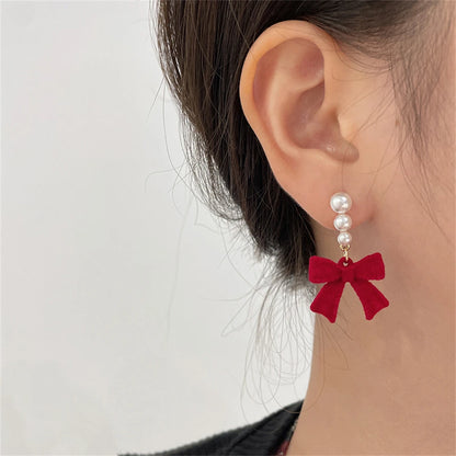 Red Black Bowtie Earrings with Simulated Pearls for Women - Smarsty