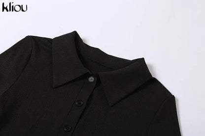 Kliou Elegant Office Lady Maxi Dress Women Solid Fashion Turn-down Collar Short Sleeve Button Side Slit Body-Shaping Street Robe - Smarsty