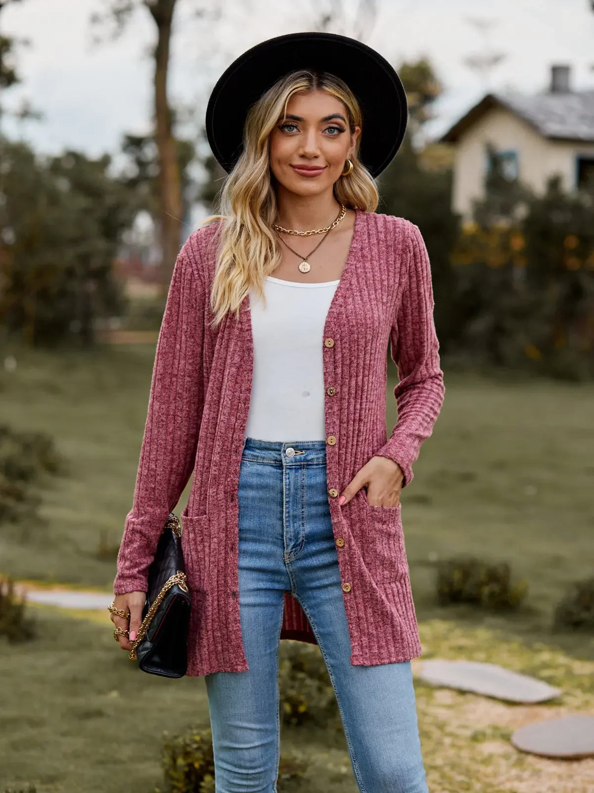 Autumn New Women's Milled Pit Stripe V-Neck Solid Colour Button Long Sleeve Ladies Casual Extensions Cardigan Jacket Coat - Smarsty