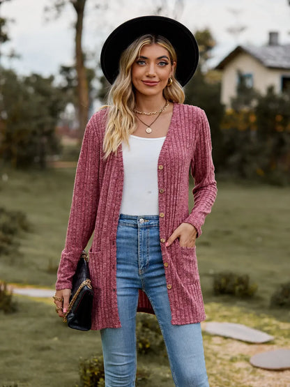 Autumn New Women's Milled Pit Stripe V-Neck Solid Colour Button Long Sleeve Ladies Casual Extensions Cardigan Jacket Coat - Smarsty