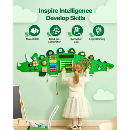 SucceBuy Dinosaur Kids Busy Wall Board 11 Activity Panels Montessori Sensory Learning Toys for 3-12 Toddler Playroom Toy Gift