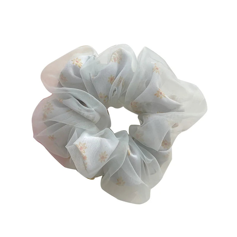 Double Layer Silk Hair Scrunchies Floral Soft Ponytail - Smarsty