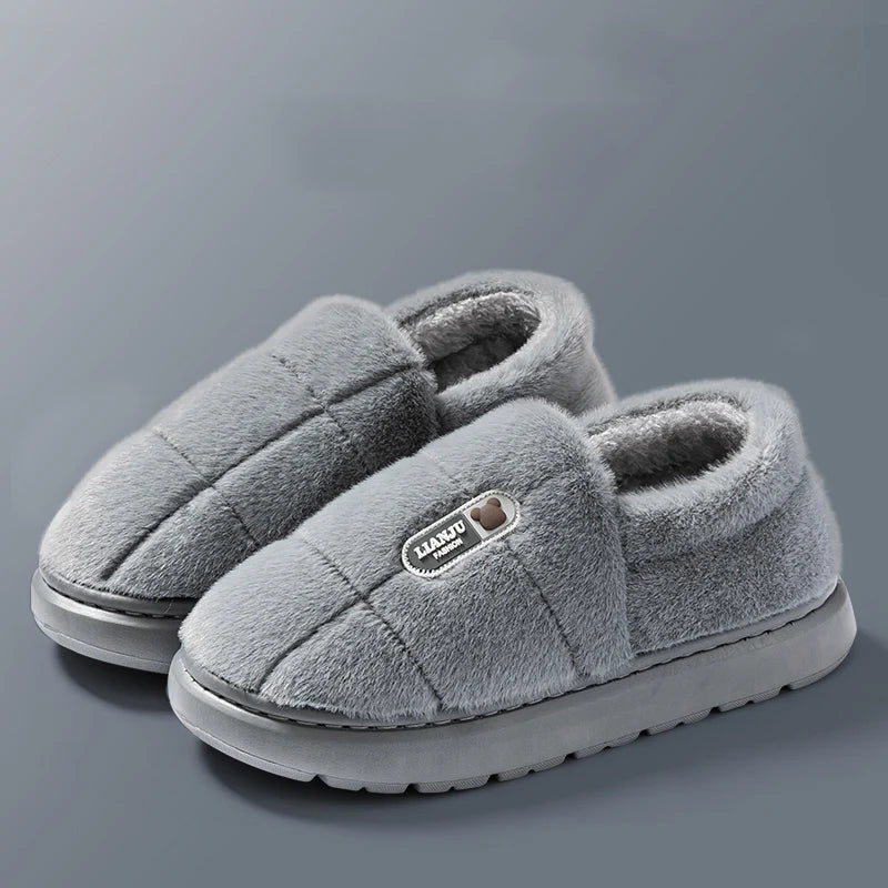 Men's slippers Winter Solid Color Wrap Heels Plush Slippers Non-slip Warm Women Men Home Casual Cotton Shoes Big Size 50 51 - Smarsty