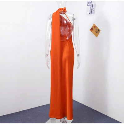 Sexy Satin Ribbon Party Dress Women Elegant Halter Backless Off Shoulder Sleeveless Female Dresses 2024 Summer Solid Robe Gown - Smarsty
