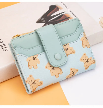 Women Short Wallets PU Leather Female Bifold Purses Cute Bear Card Holder Wallet for Girl Small Zipper Wallet with Coin Purse - Smarsty