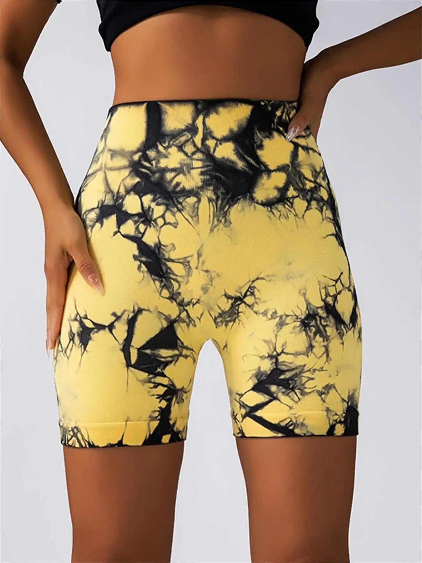 Women's Tie Dye Print Ruched High Waist Sports Shorts, Casual Comfy Breathable Seamless Skinny Shorts for Yoga Gym Workout - Smarsty
