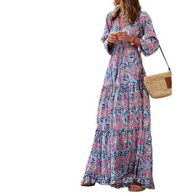 Women's Autumn New Fashionable Printed Sexy V-neck Long Sleeve High Waist Elastic Waist Medium Length Bohemian Dress - Smarsty