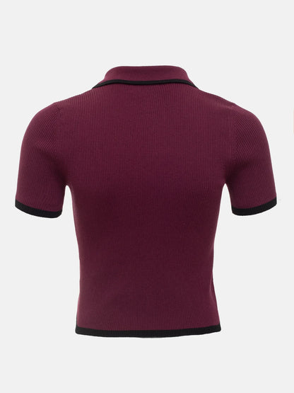 Talenza Women's Knitted Pullover Fashion Short Sleeve Patchwork Sweater Top Elegant Slim Contrast Lapel Knitted Pullover Top - Smarsty