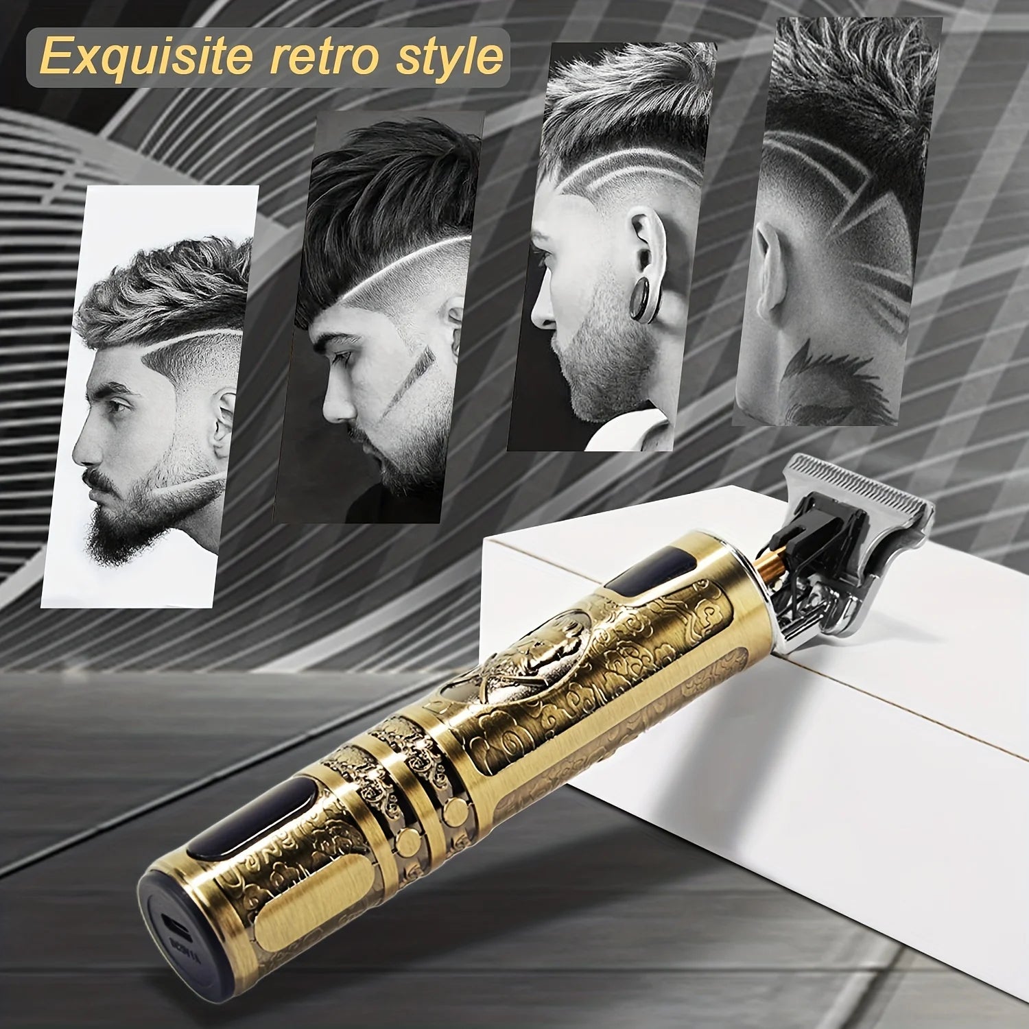 Men's Electric T-Blade Hair Trimmer Kit - Cordless, USB Rechargeable with LED Display, Vintage Golden Design, Includes Combs