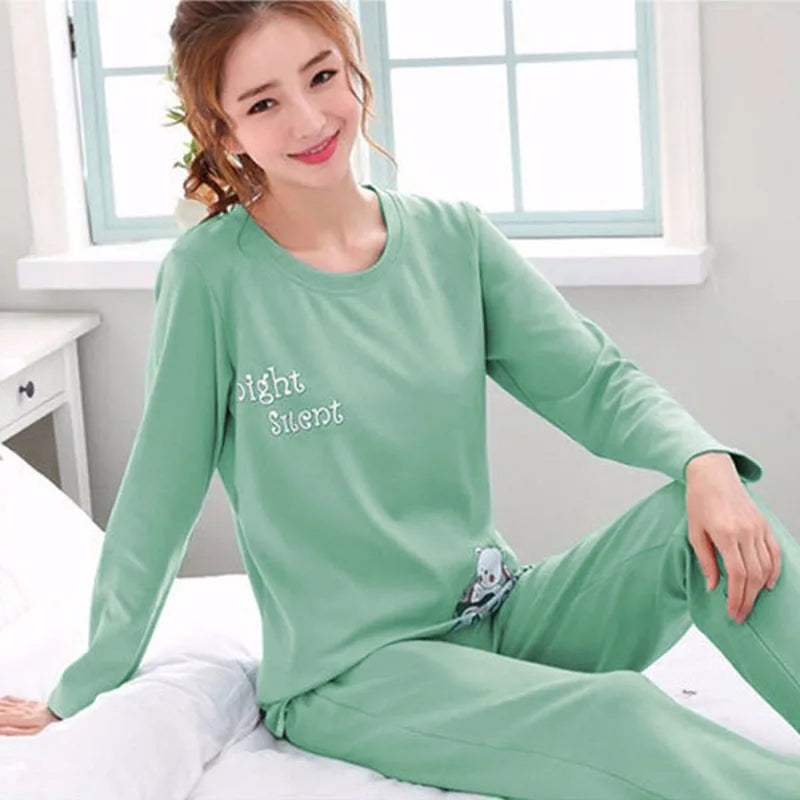 2PCS/Set Women Fashion Long-Sleeved Pajamas Fall and Winter Cartoon Love Bear Cute Soft Loose Casual Sleepwear Outside Homewear - Smarsty